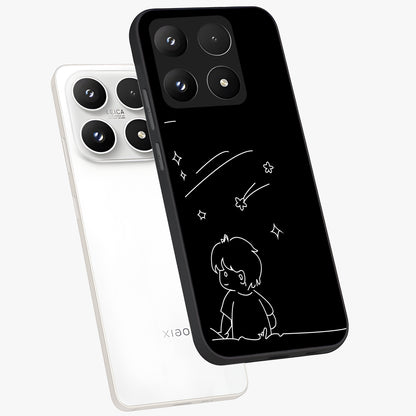 Line Art Boy With Shooting Stars Glass Case displayed in angled mockup highlighting elegant line art design with dreamy star aesthetic.