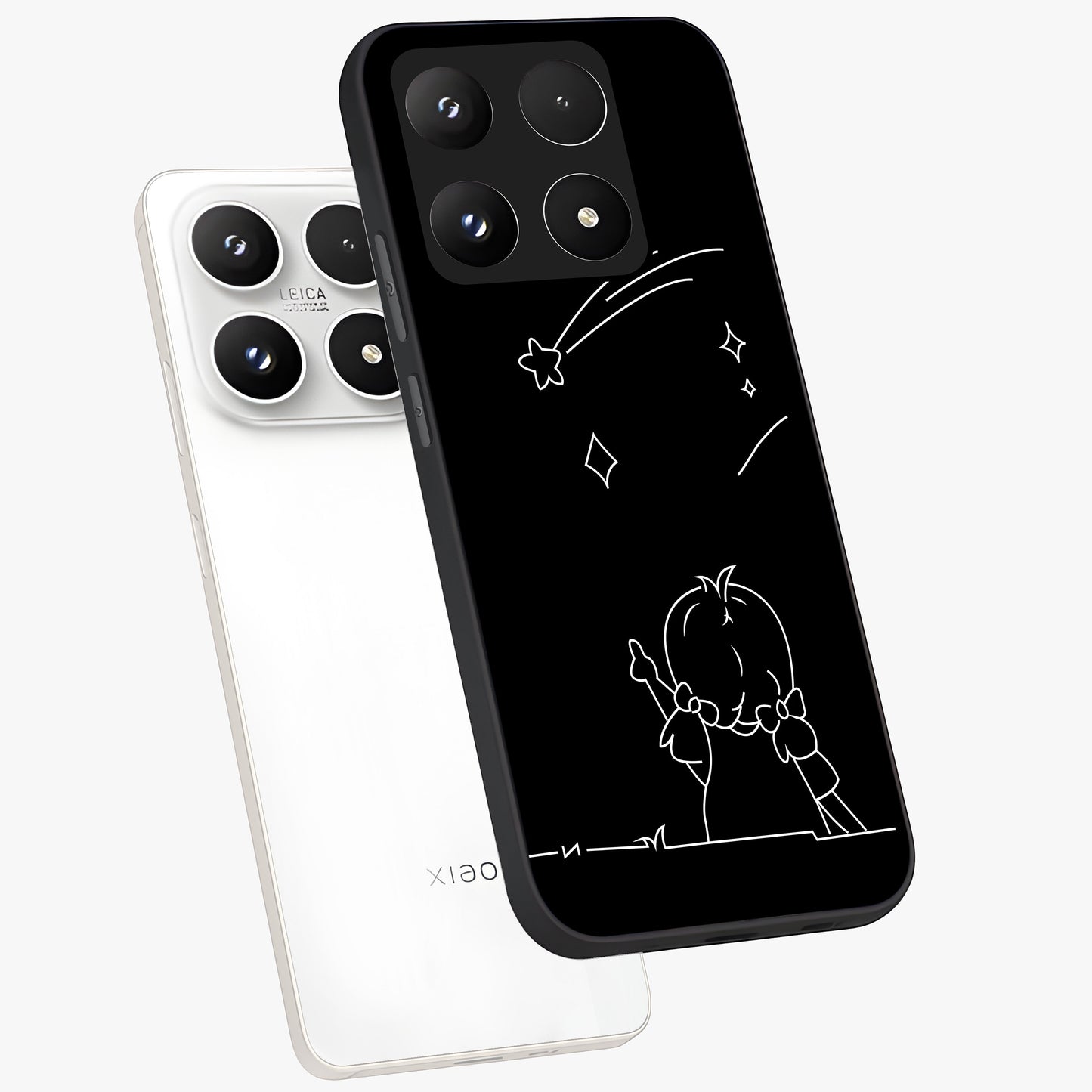 Line Art Girl With Shooting Stars Glass Case displayed in angled mockup highlighting elegant line art design with dreamy star aesthetic.