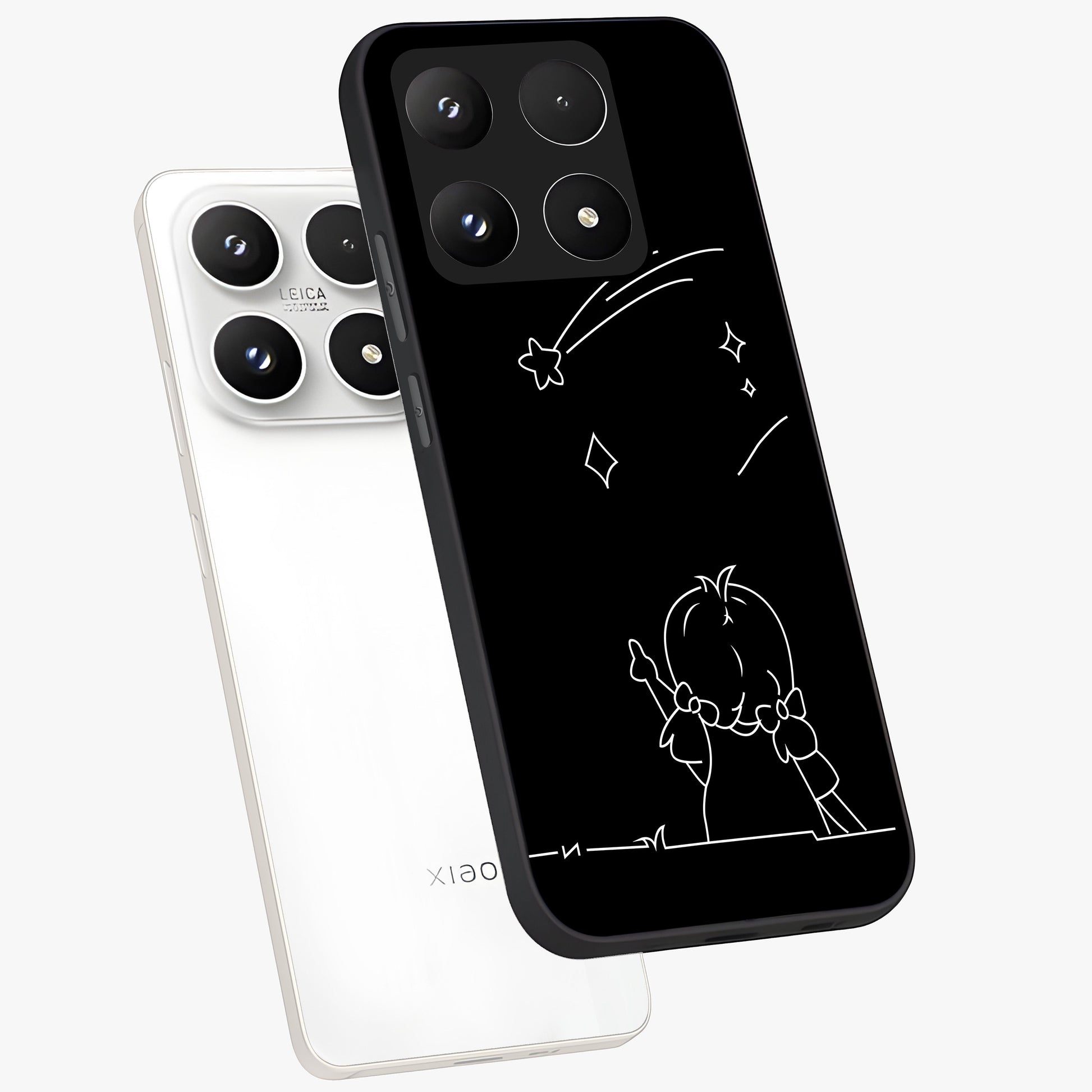 Line Art Girl With Shooting Stars Glass Case displayed in angled mockup highlighting elegant line art design with dreamy star aesthetic.