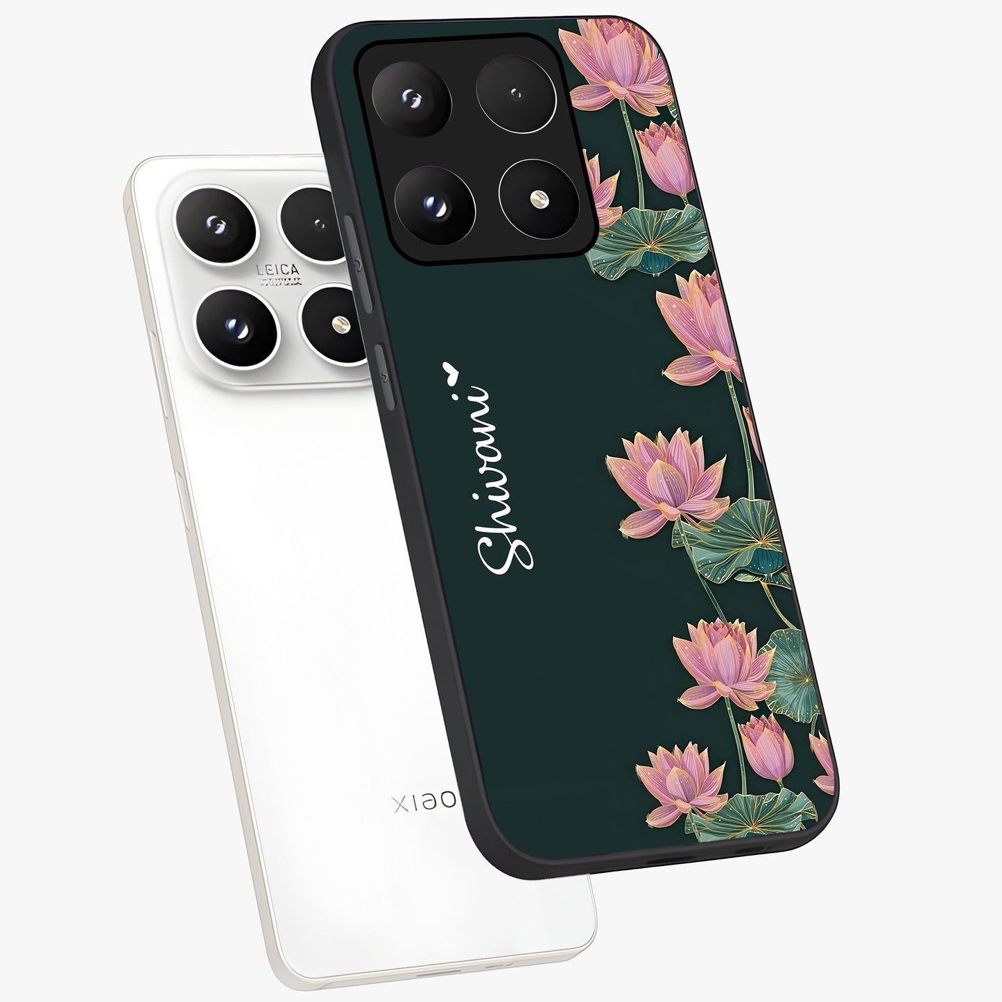 Lotus Bloom Serenity Custom Name Glass Case displayed in angled mockup highlighting graceful lotus illustration with custom name feature.