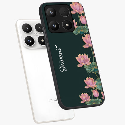 Lotus Bloom Serenity Custom Name Glass Case displayed in angled mockup highlighting graceful lotus illustration with custom name feature.