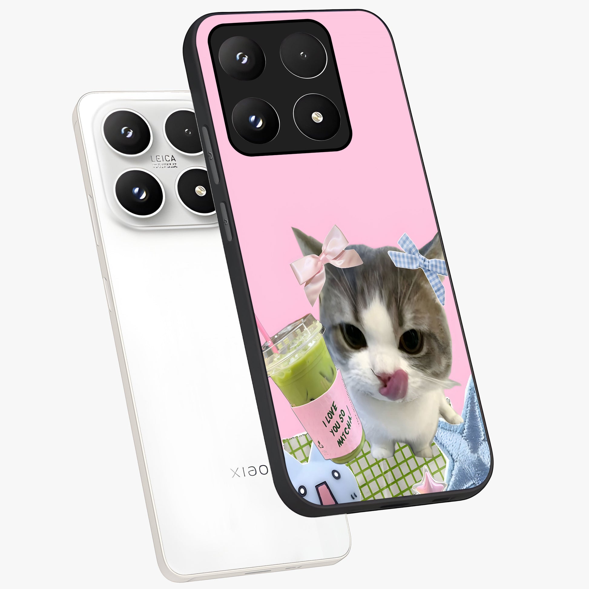 Love Matcha Cat Glass Case displayed in angled mockup highlighting playful feline illustration with cozy matcha aesthetic.