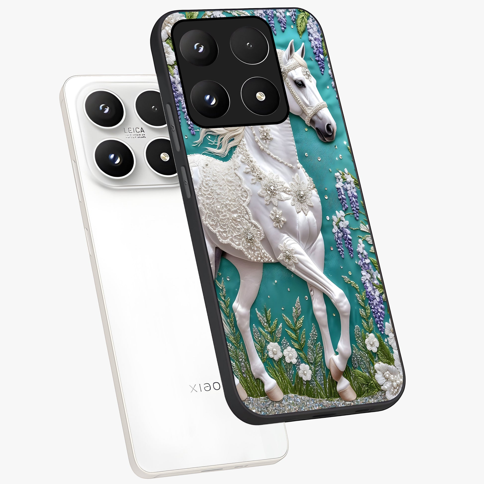 Majestic Floral Stallion Glass Case displayed in angled mockup highlighting majestic stallion illustration with elegant floral aesthetic.