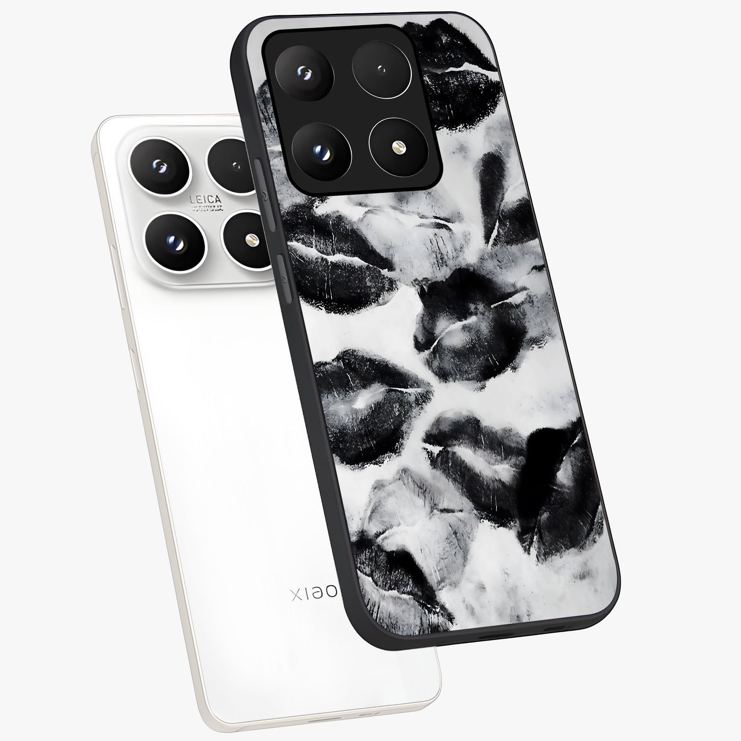 Midnight Kiss Marks Glass Case displayed in angled mockup highlighting playful romantic design with bold midnight aesthetic.