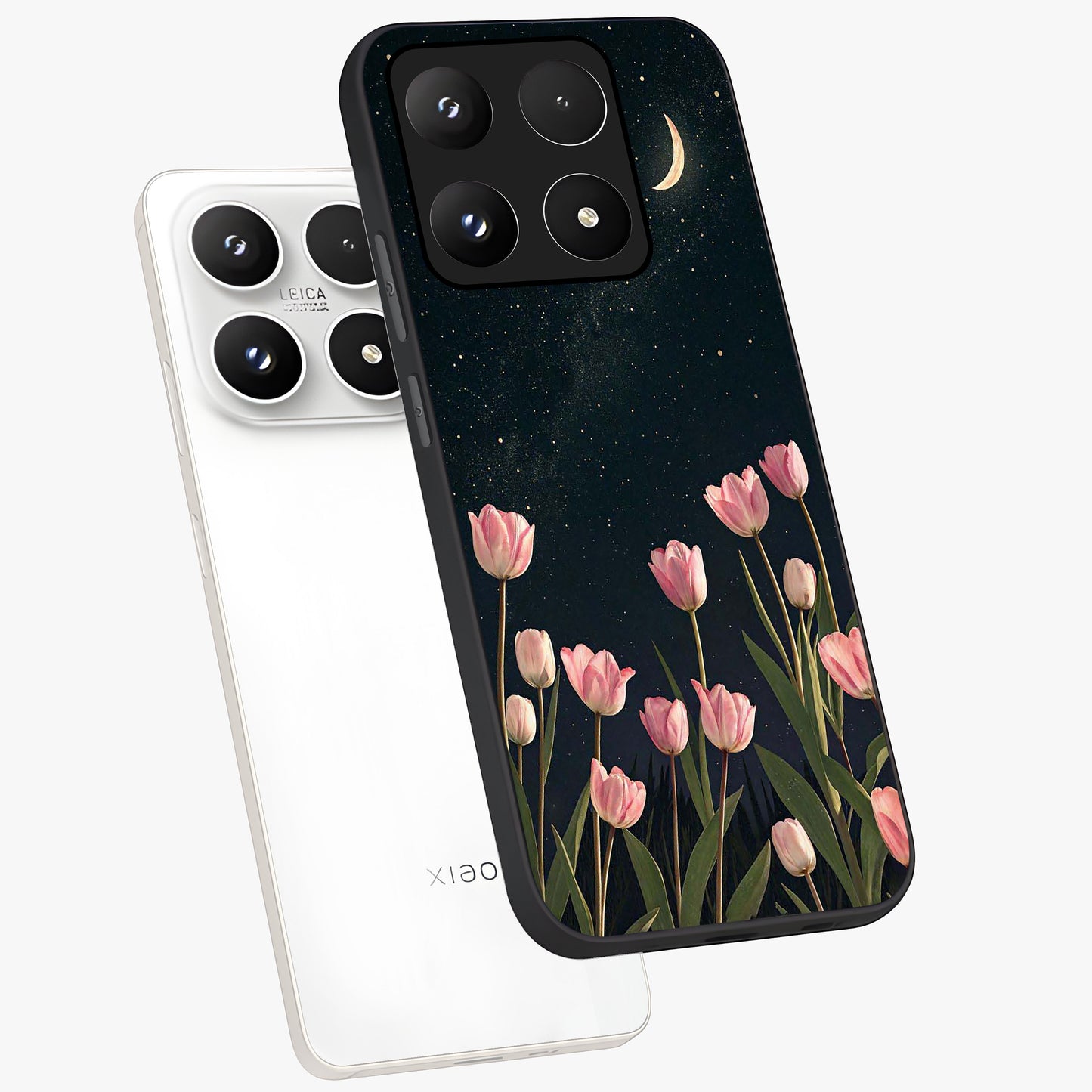 Midnight Tulip Whispers Vibe Glass Case displayed in angled mockup highlighting delicate tulip design with midnight floral aesthetic.