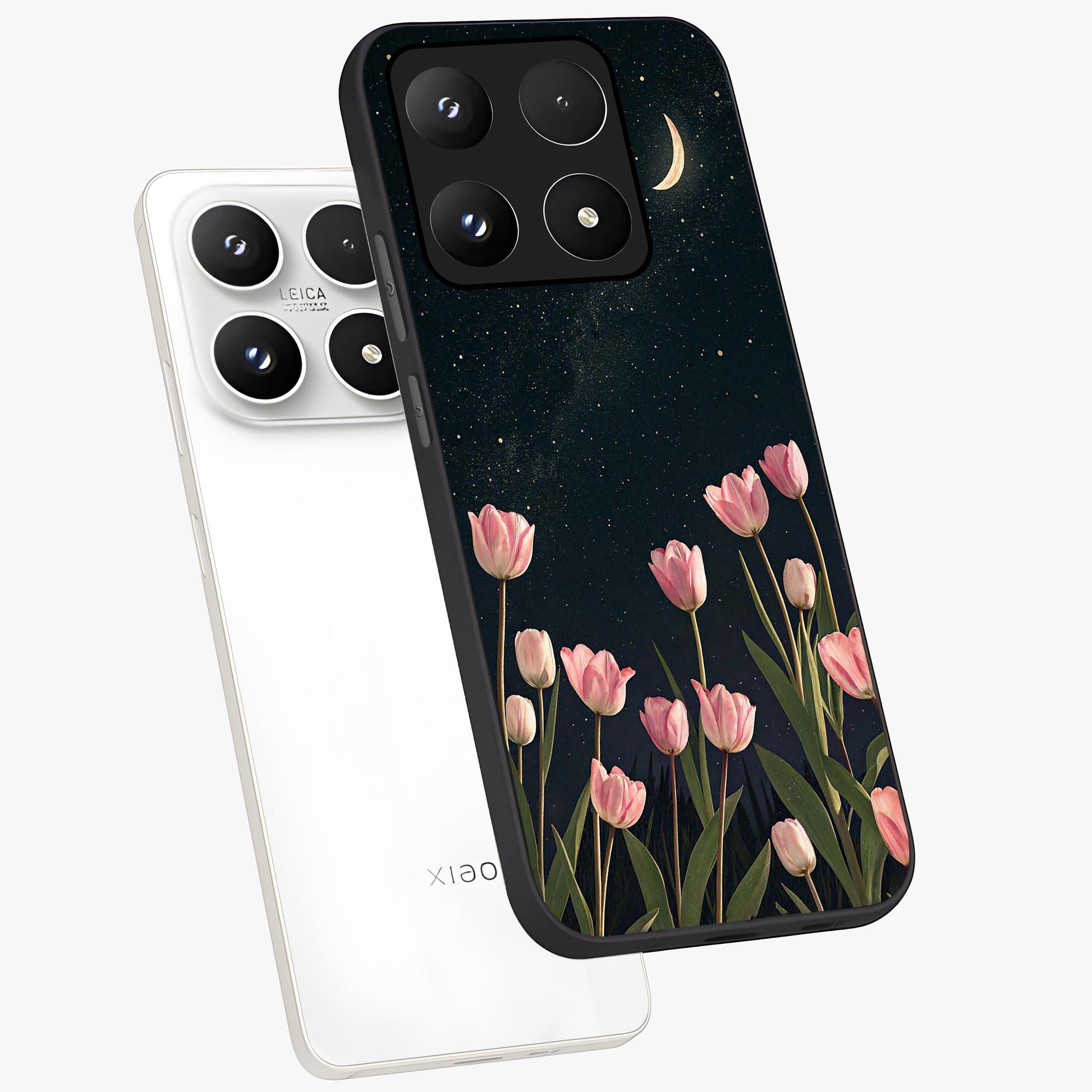 Midnight Tulip Whispers Vibe Glass Case displayed in angled mockup highlighting delicate tulip design with midnight floral aesthetic.