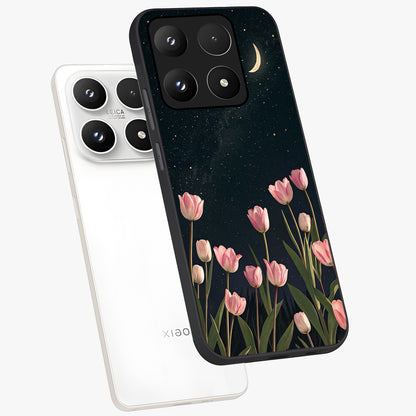 Midnight Tulip Whispers Vibe Glass Case displayed in angled mockup highlighting delicate tulip design with midnight floral aesthetic.