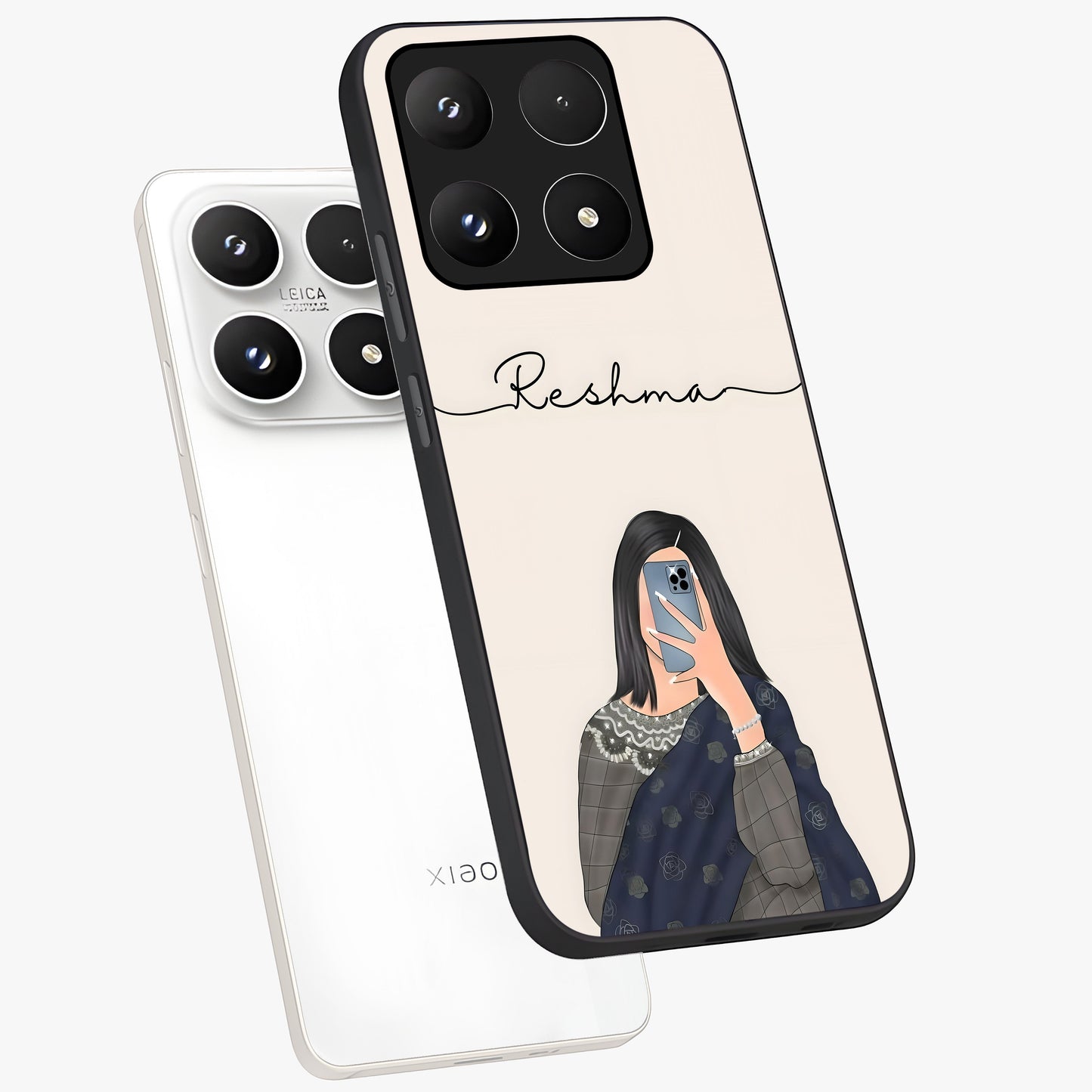 Mirror Mood Muse With Custom Name Glass Case displayed in angled mockup highlighting aesthetic mirror inspired design with custom name feature.