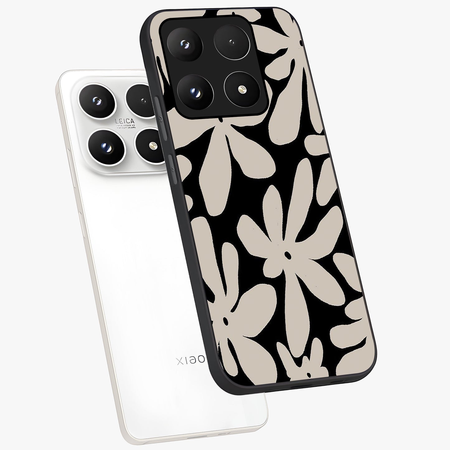 Monochrome Petal Dance Glass Case displayed in angled mockup highlighting elegant petal design with black and white aesthetic.