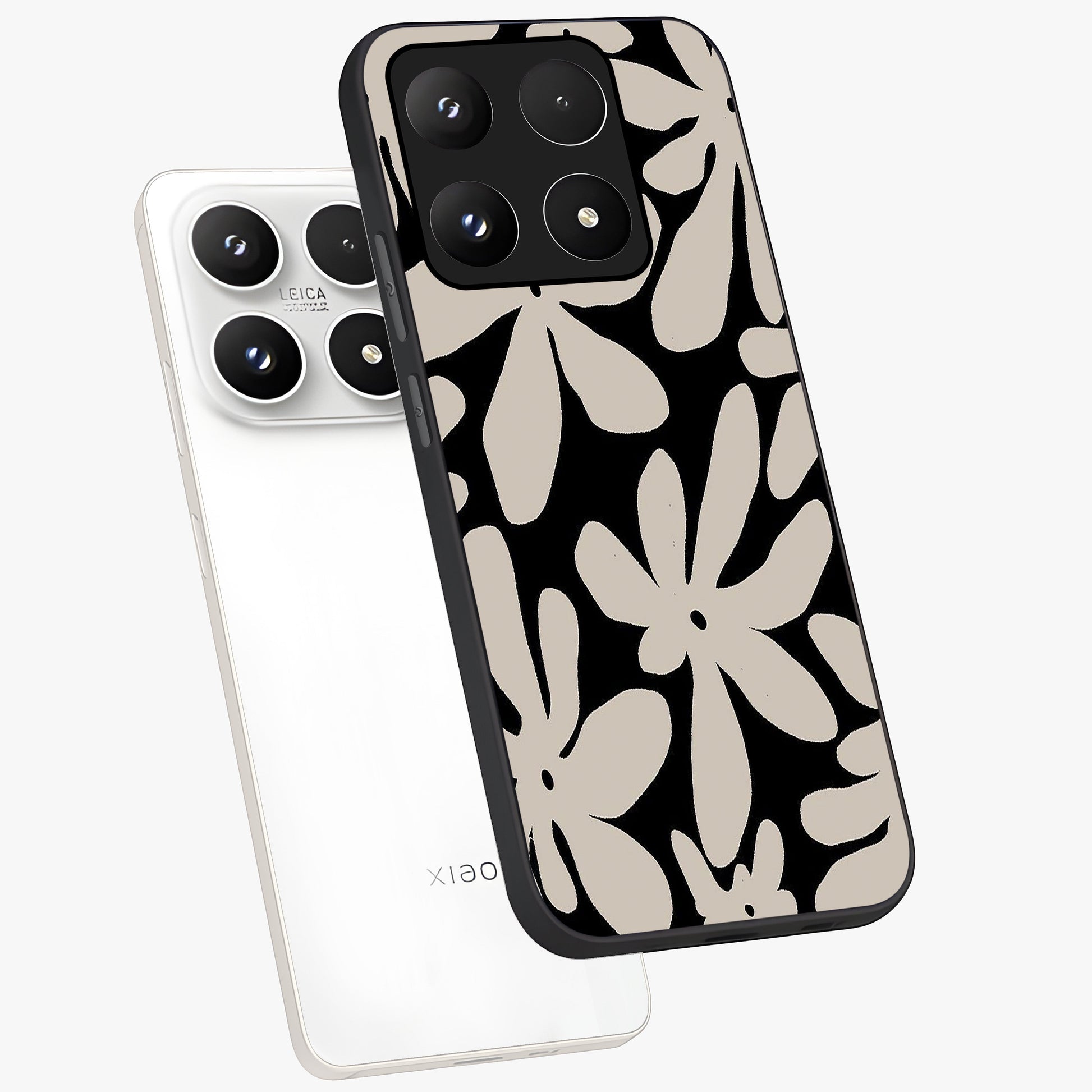 Monochrome Petal Dance Glass Case displayed in angled mockup highlighting elegant petal design with black and white aesthetic.