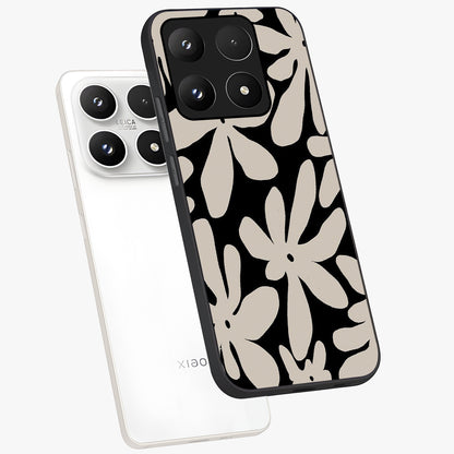 Monochrome Petal Dance Glass Case displayed in angled mockup highlighting elegant petal design with black and white aesthetic.