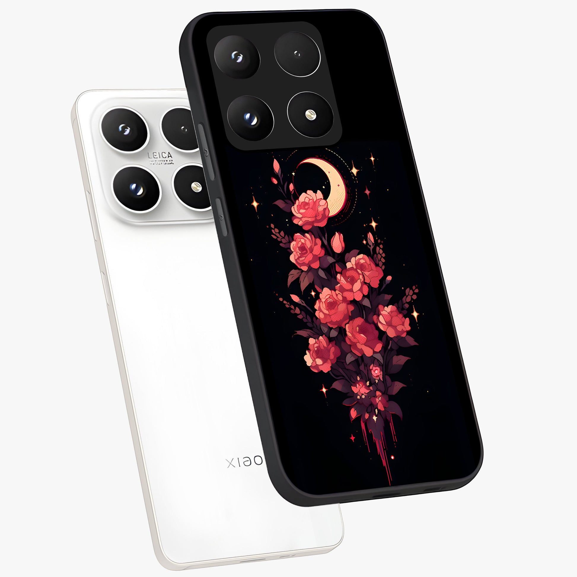 Moonlit Floral Elegance Glass Case displayed in angled mockup highlighting graceful flower design with soft moonlight aesthetic.