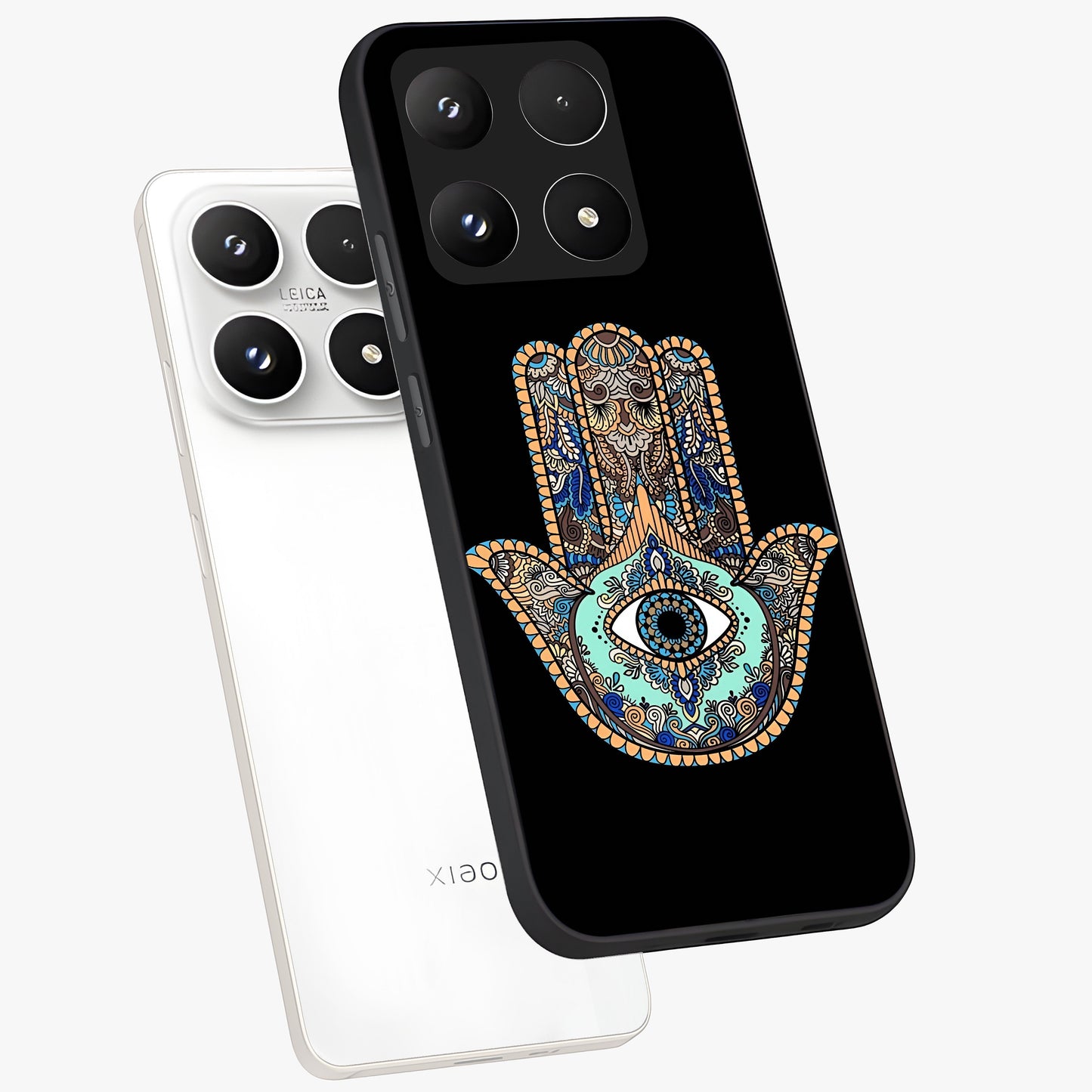 Mystic Hamsa Eye Glass Case displayed in angled mockup highlighting spiritual hamsa symbol with mystical aesthetic style.