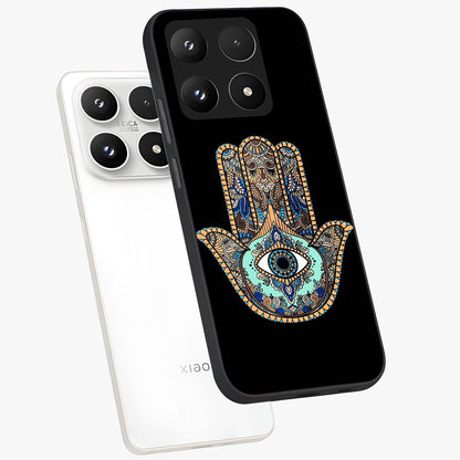 Mystic Hamsa Eye Glass Case displayed in angled mockup highlighting spiritual hamsa symbol with mystical aesthetic style.