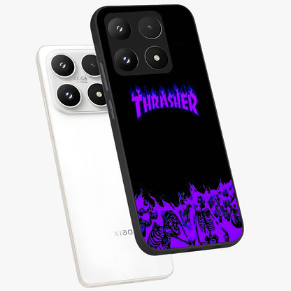 Neon Flame Riot Glass Case displayed in angled mockup highlighting glowing flame design with vibrant neon aesthetic.