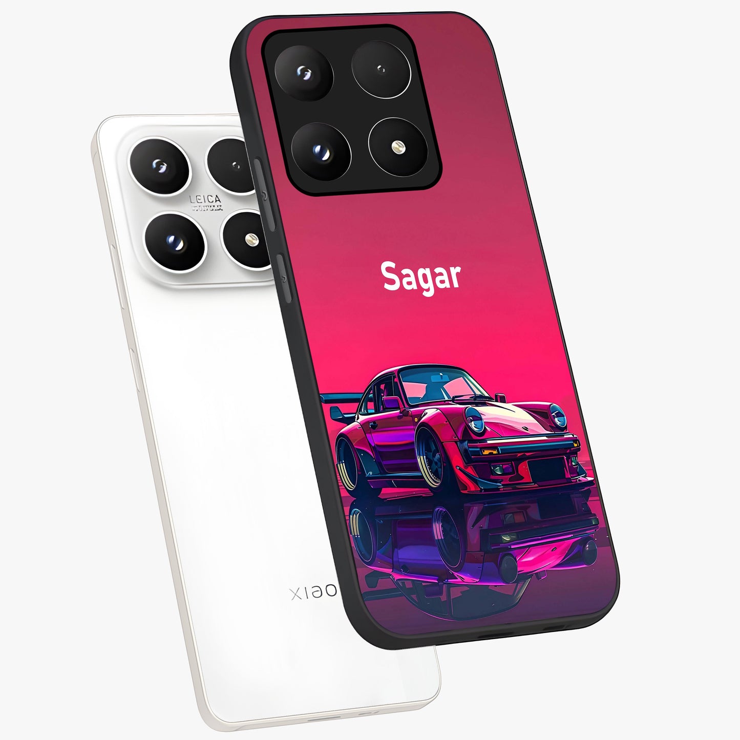 Neon Pink Porsche Glass Case displayed in angled mockup highlighting sleek neon pink car design with racing aesthetic.