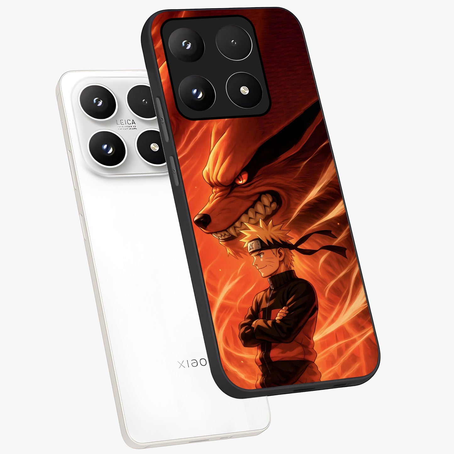 Nine Tails Legacy Glass Case displayed in angled mockup highlighting dynamic anime beast illustration with bold mystical aesthetic.
