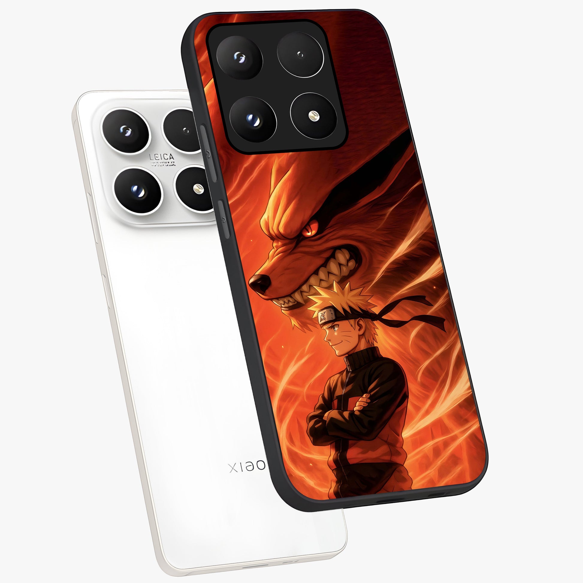 Nine Tails Legacy Glass Case displayed in angled mockup highlighting dynamic anime beast illustration with bold mystical aesthetic.