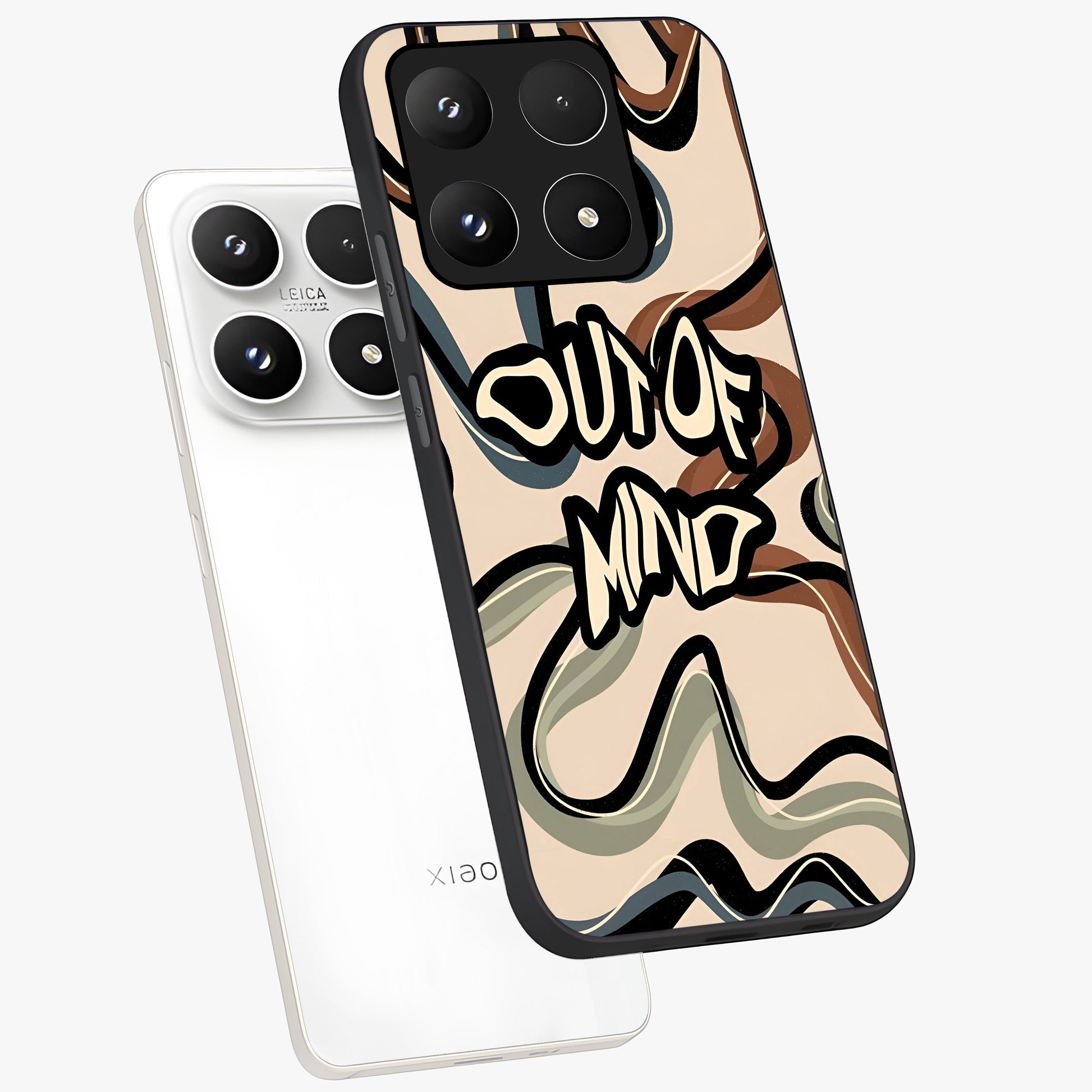 Out Of Mind Glass Case displayed in angled mockup highlighting bold statement design with modern artistic aesthetic.