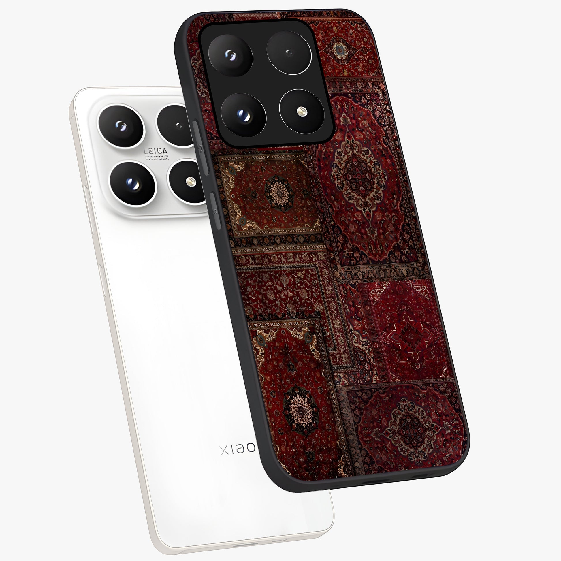 Persian Velvet Tale Glass Case displayed in angled mockup highlighting ornate textile inspired design with royal aesthetic.