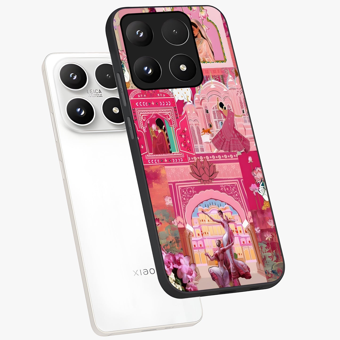 Pink Palace Muse Glass Case displayed in angled mockup highlighting dreamy palace illustration with soft pink aesthetic.