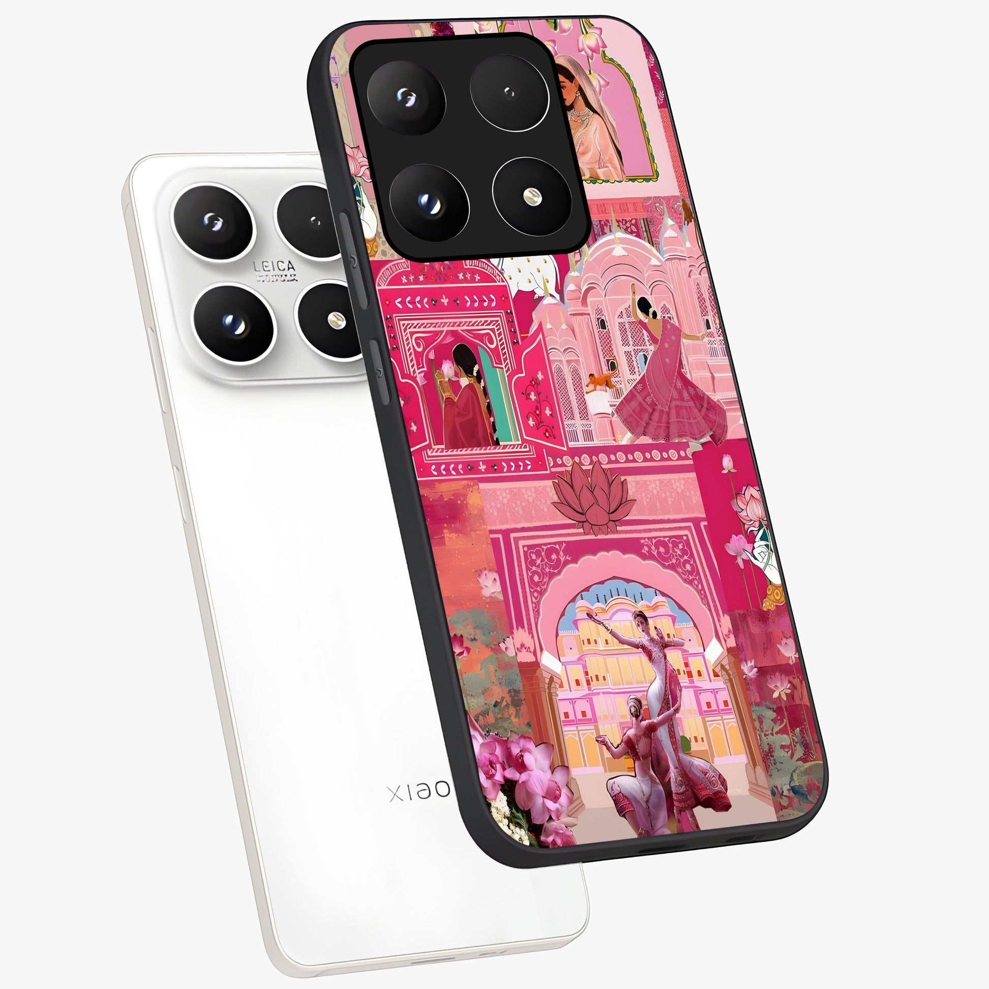 Pink Palace Muse Glass Case displayed in angled mockup highlighting dreamy palace illustration with soft pink aesthetic.