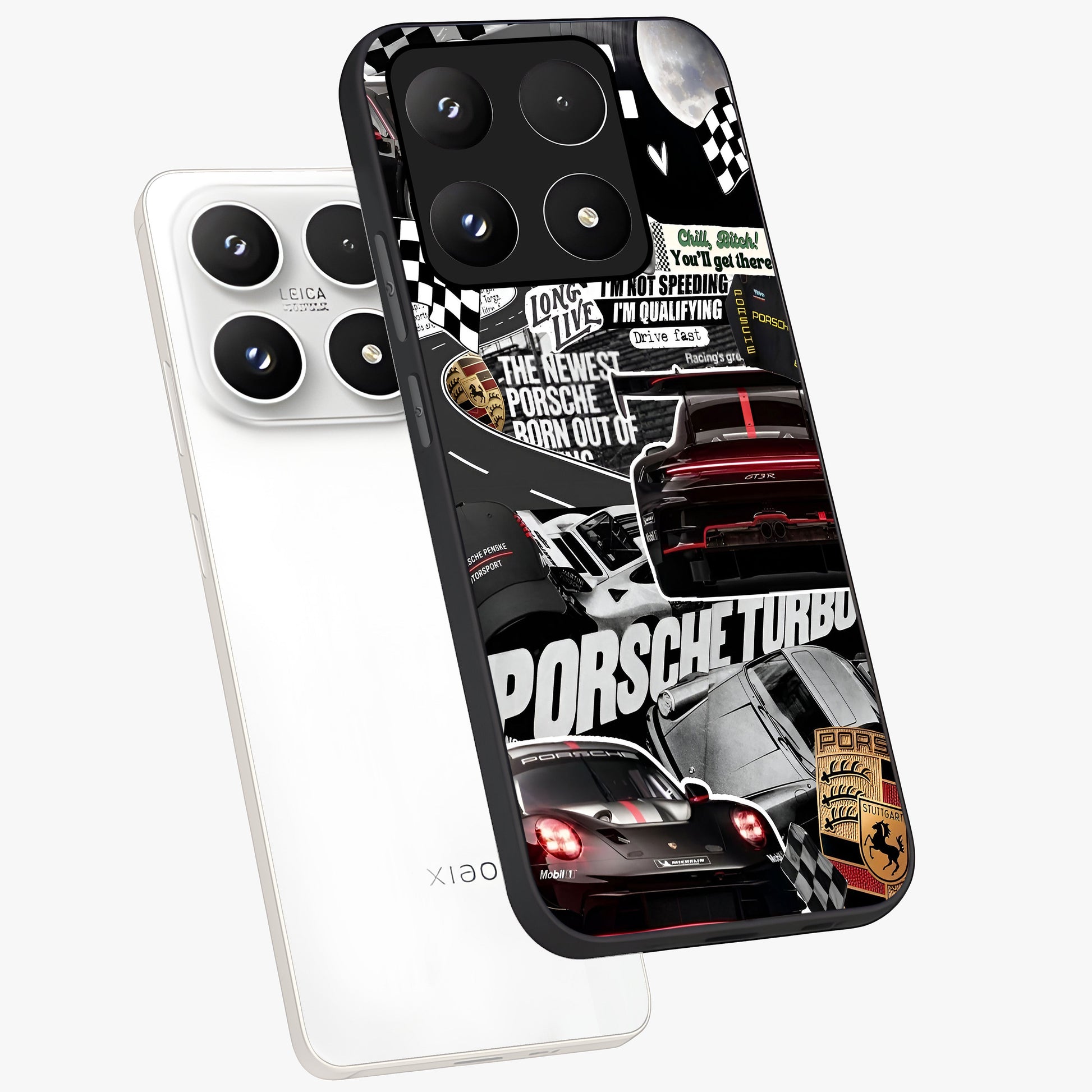 Porsche Racing Collage Glass Case displayed in angled mockup highlighting dynamic automotive design with bold racing aesthetic.