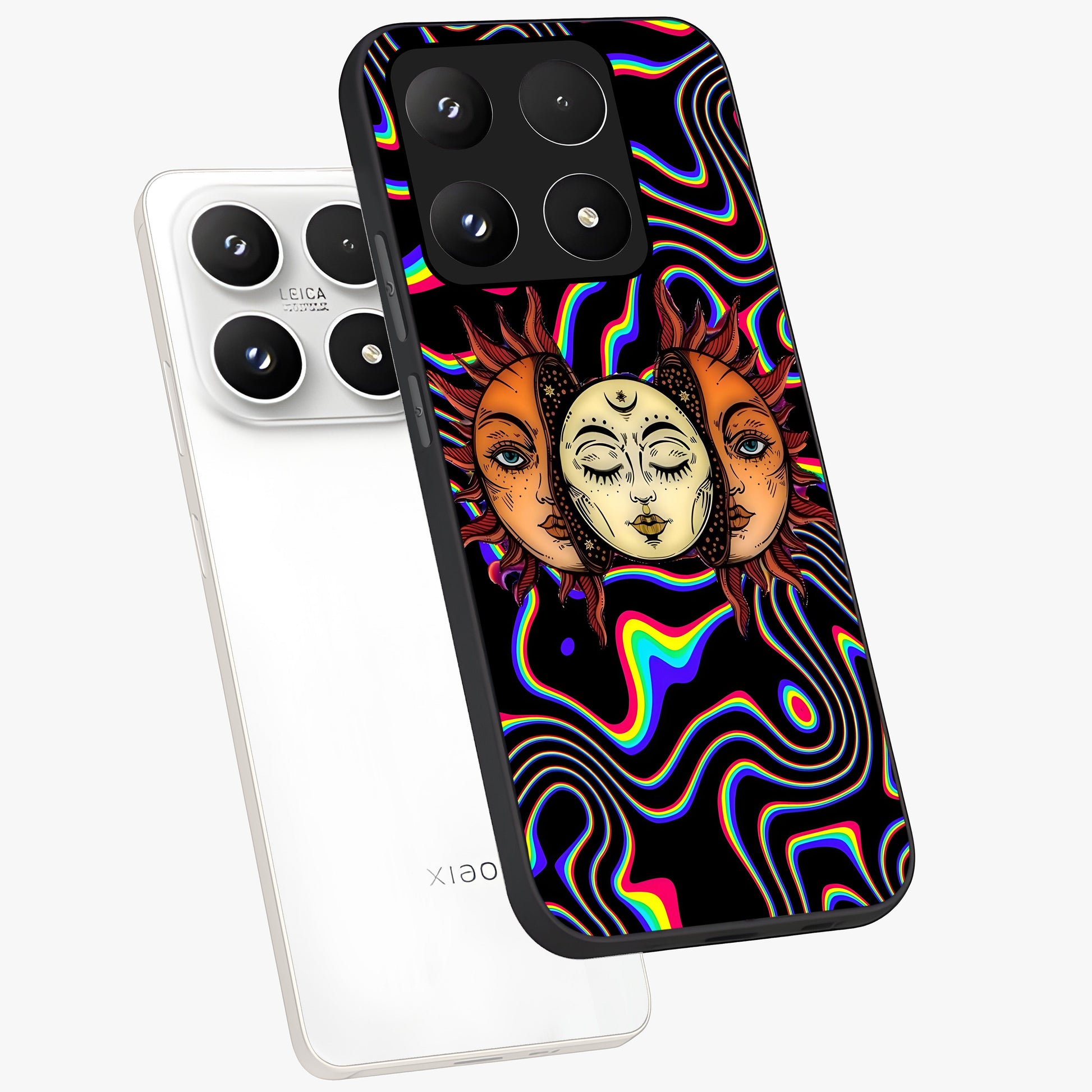 Psychedelic Sun Glass Case displayed in angled mockup highlighting vibrant abstract sun design with artistic aesthetic style.