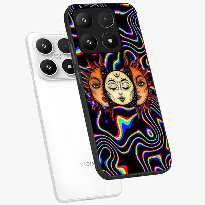 Psychedelic Sun Glass Case displayed in angled mockup highlighting vibrant abstract sun design with artistic aesthetic style.