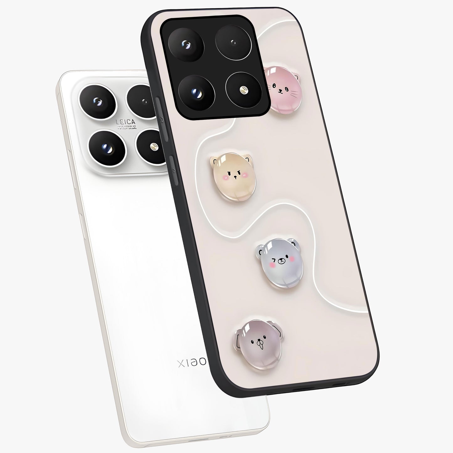 Puffy Face Parade Glass Case displayed in angled mockup highlighting playful cartoon face design with fun aesthetic.