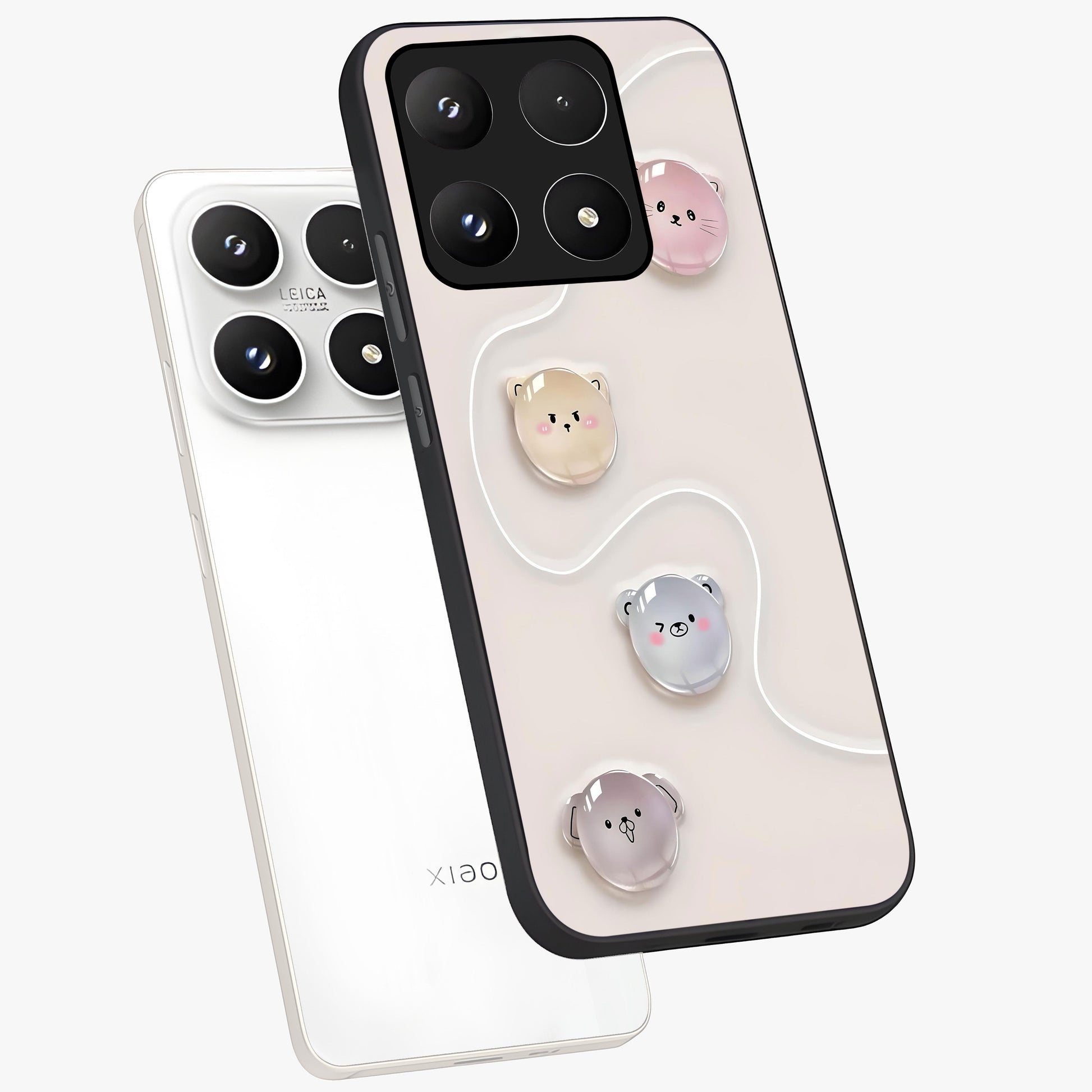 Puffy Face Parade Glass Case displayed in angled mockup highlighting playful cartoon face design with fun aesthetic.