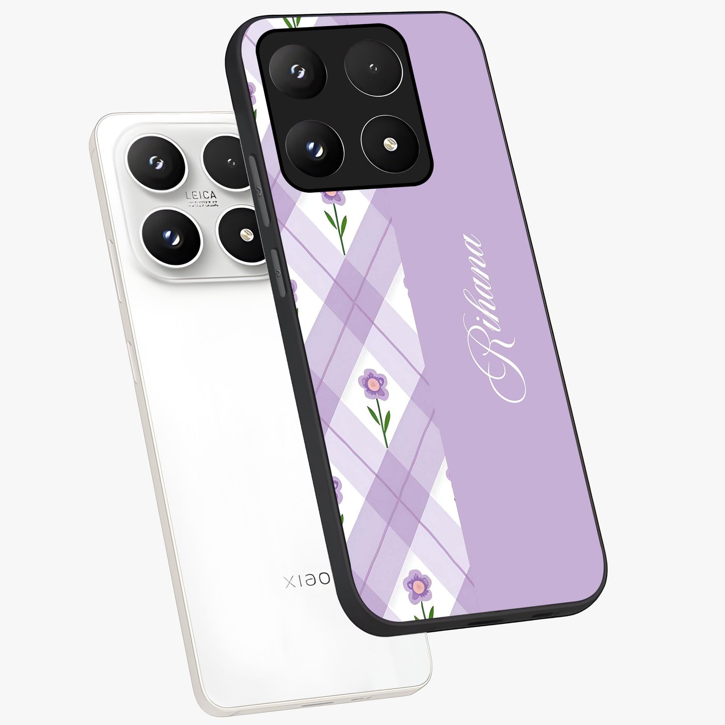 Purple Diamond Floral Glass Case displayed in angled mockup highlighting elegant purple flower design with decorative pattern.