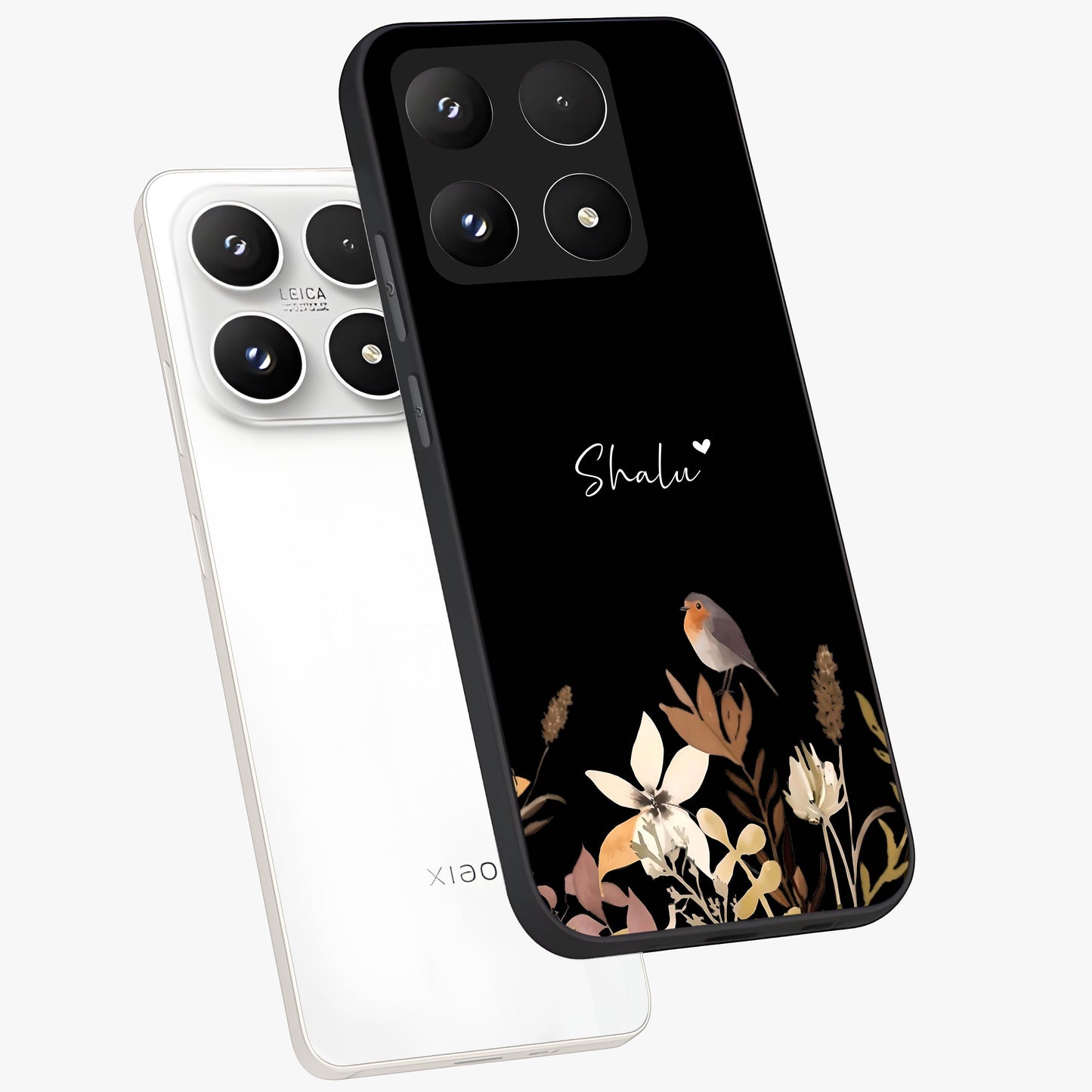 Quiet Garden Tune Custom Name Glass Case displayed in angled mockup highlighting delicate floral garden design with custom name feature.