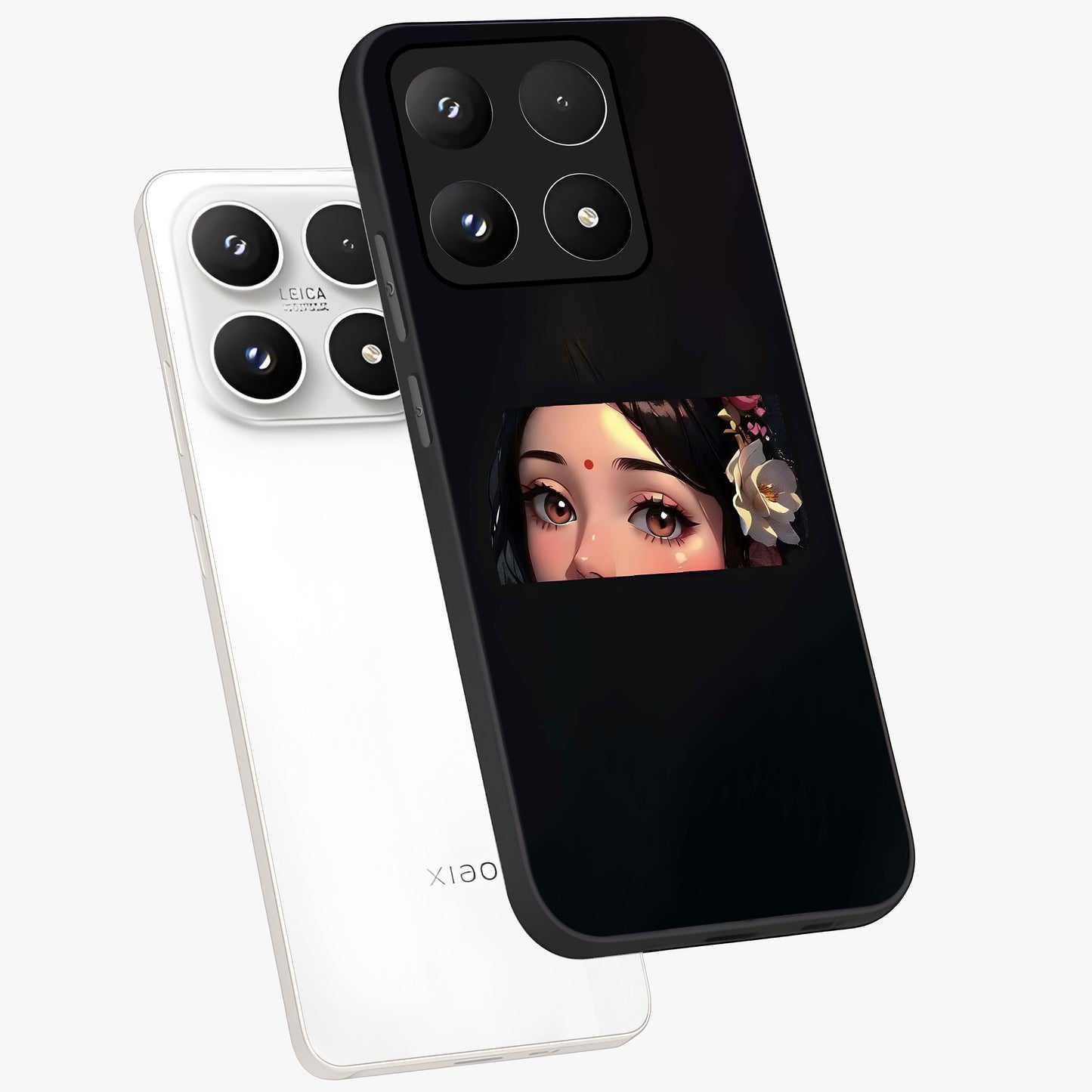 Radha Divine Embrace Glass Case displayed in angled mockup highlighting graceful spiritual illustration with divine aesthetic.