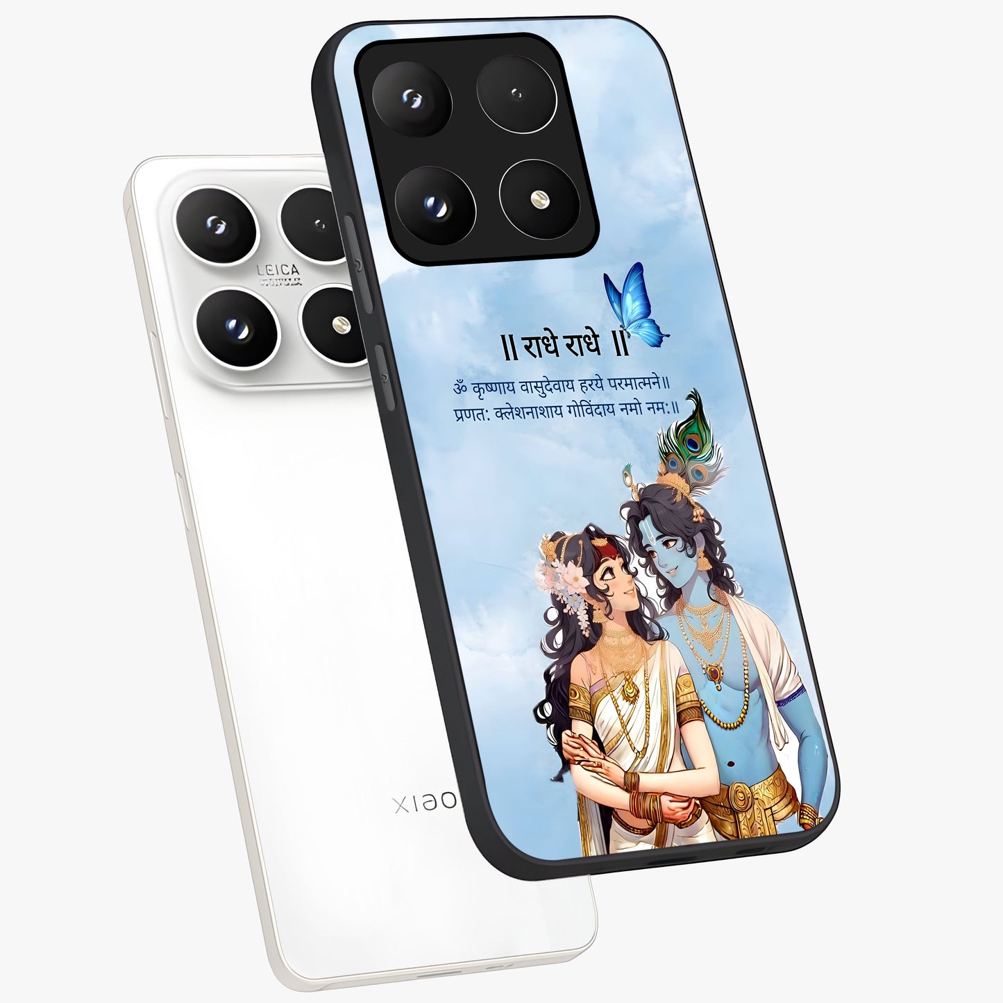Radha Krishna Eternal Glass Case displayed in angled mockup highlighting divine Radha Krishna illustration with spiritual aesthetic.