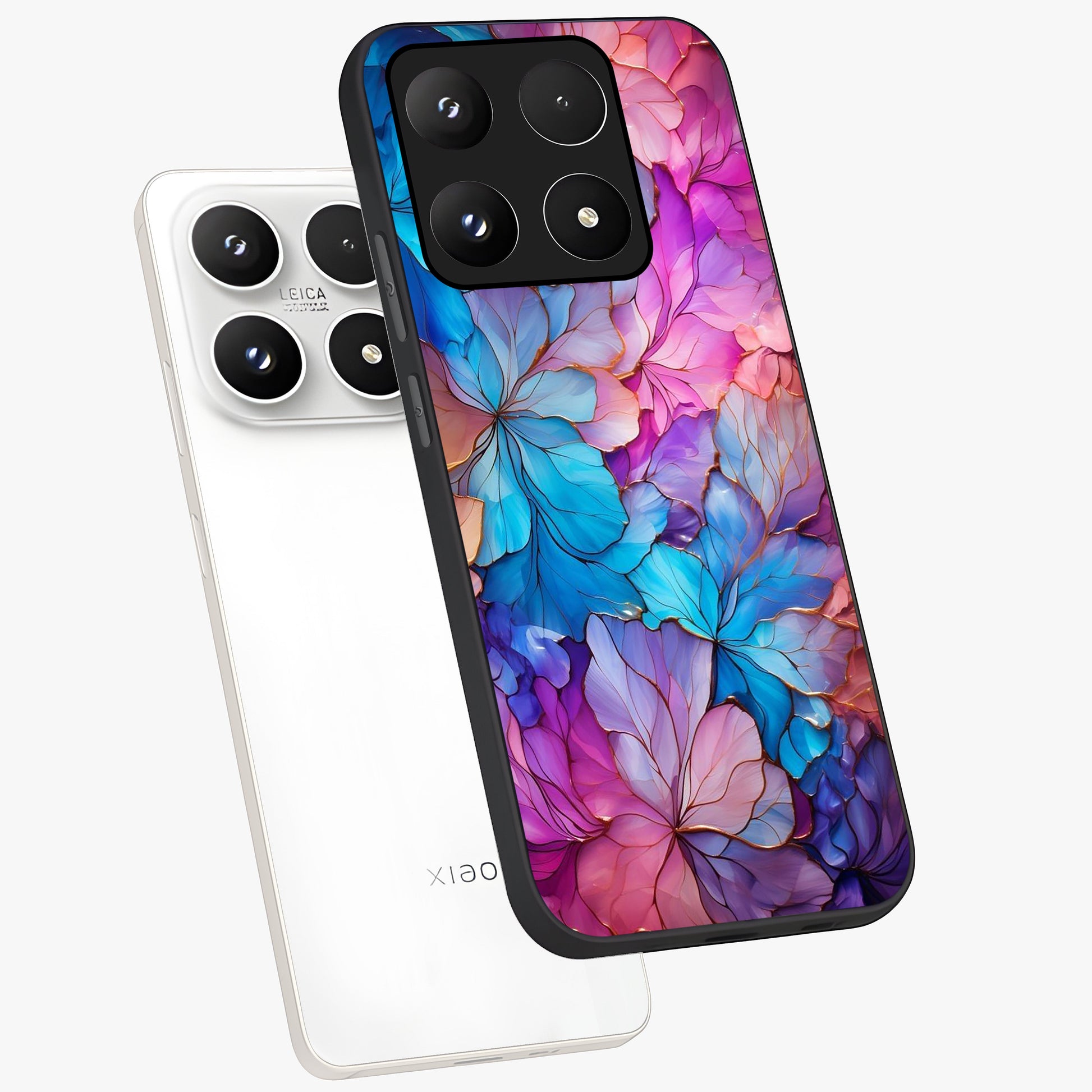 Radiant Floral Whirl Glass Case displayed in angled mockup highlighting vibrant flower pattern with dynamic artistic aesthetic.