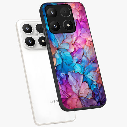 Radiant Floral Whirl Glass Case displayed in angled mockup highlighting vibrant flower pattern with dynamic artistic aesthetic.