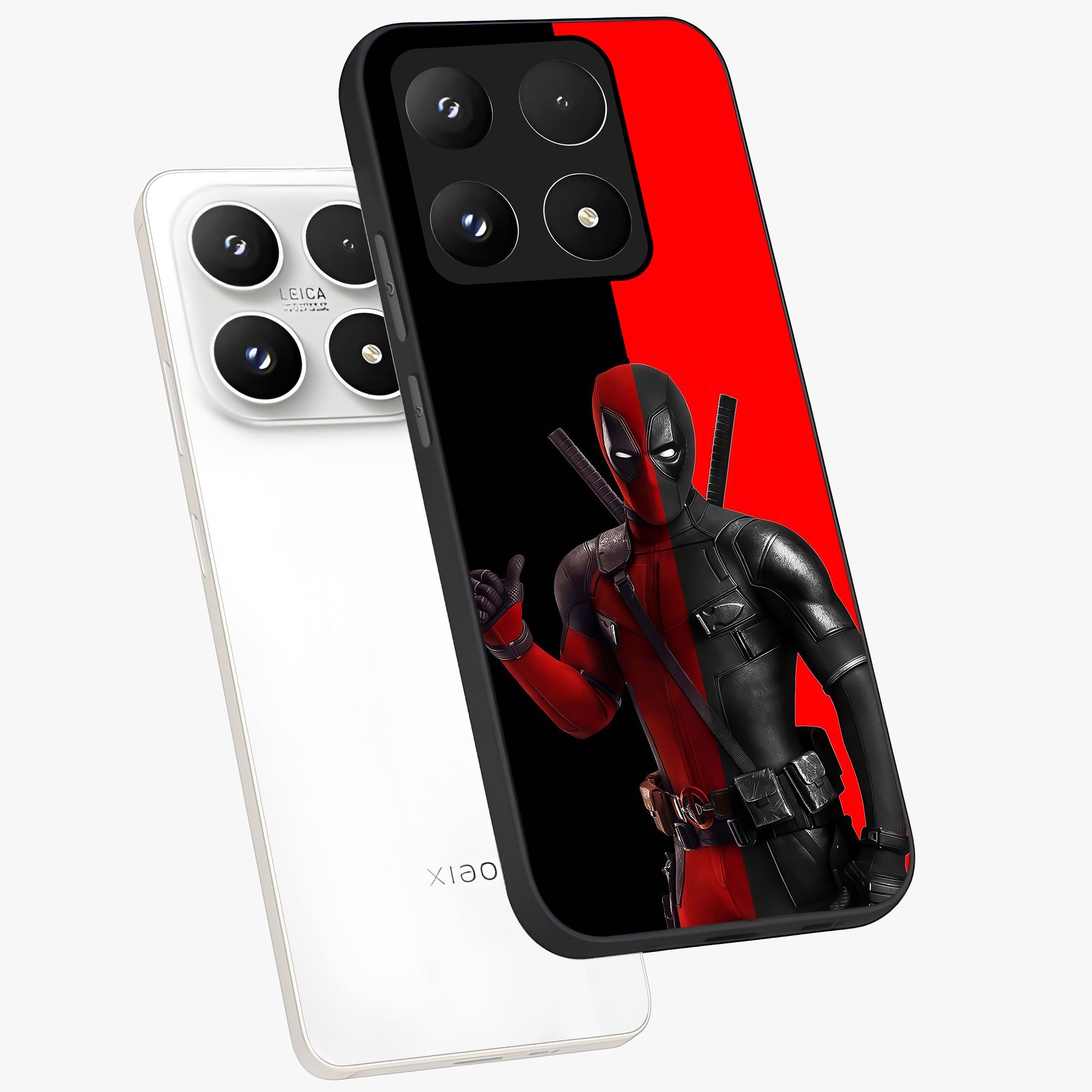 Red & Black Deadpool Theme Glass Case displayed in angled mockup highlighting vibrant superhero style illustration with action aesthetic.
