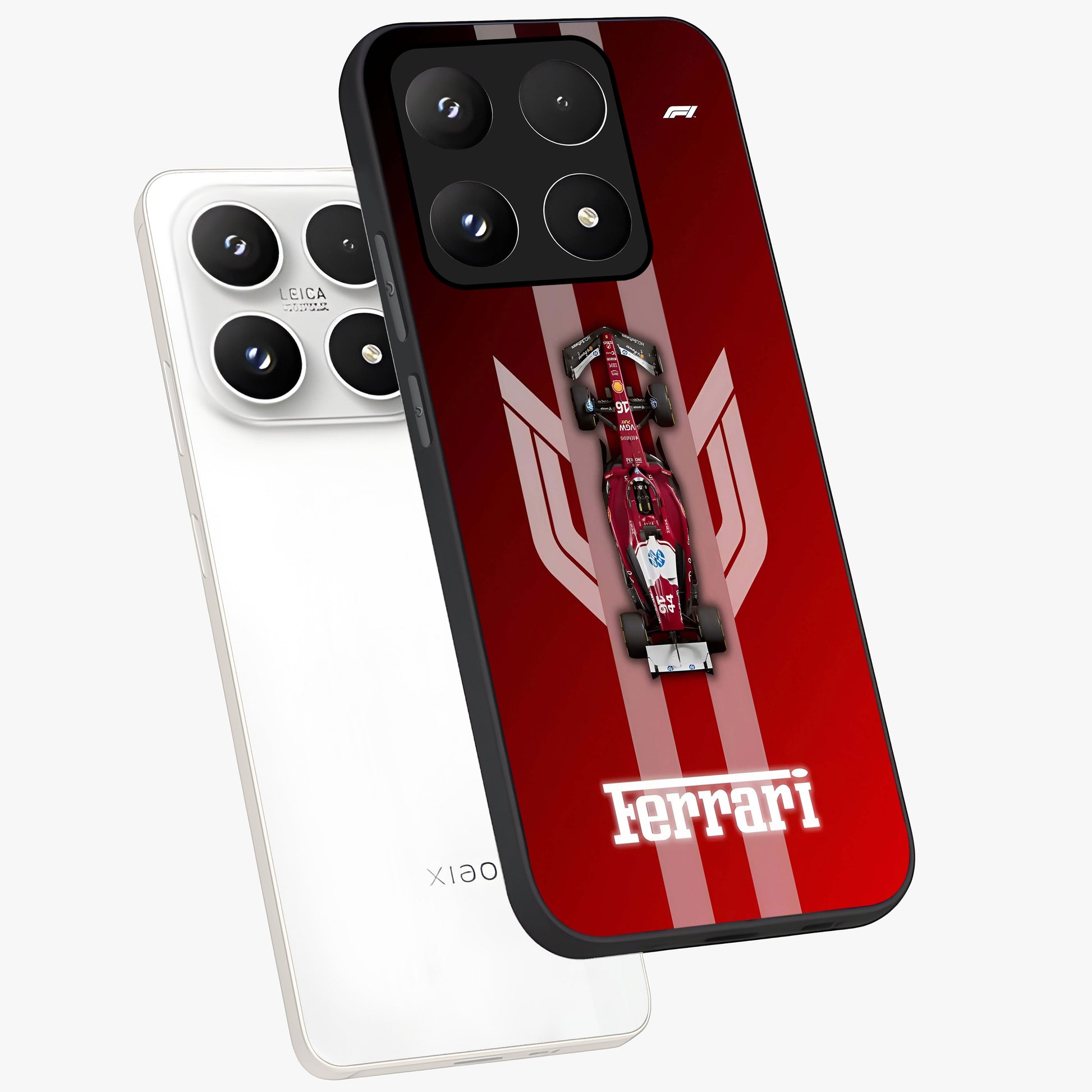 Red Ferrari F1 Vertical Glass Case displayed in angled mockup highlighting high speed racing design with bold automotive aesthetic.