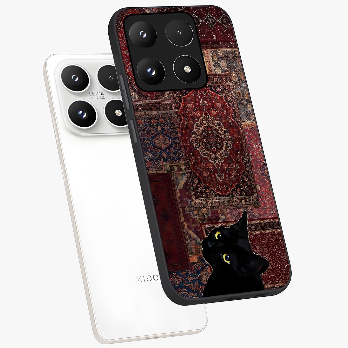 Regal Magic Cat Apple Glass Case displayed in angled mockup highlighting whimsical feline design with fantasy aesthetic.