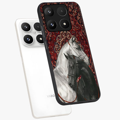 Regal Stallion Tapestry Glass Case displayed in angled mockup highlighting royal stallion design with decorative heritage aesthetic.