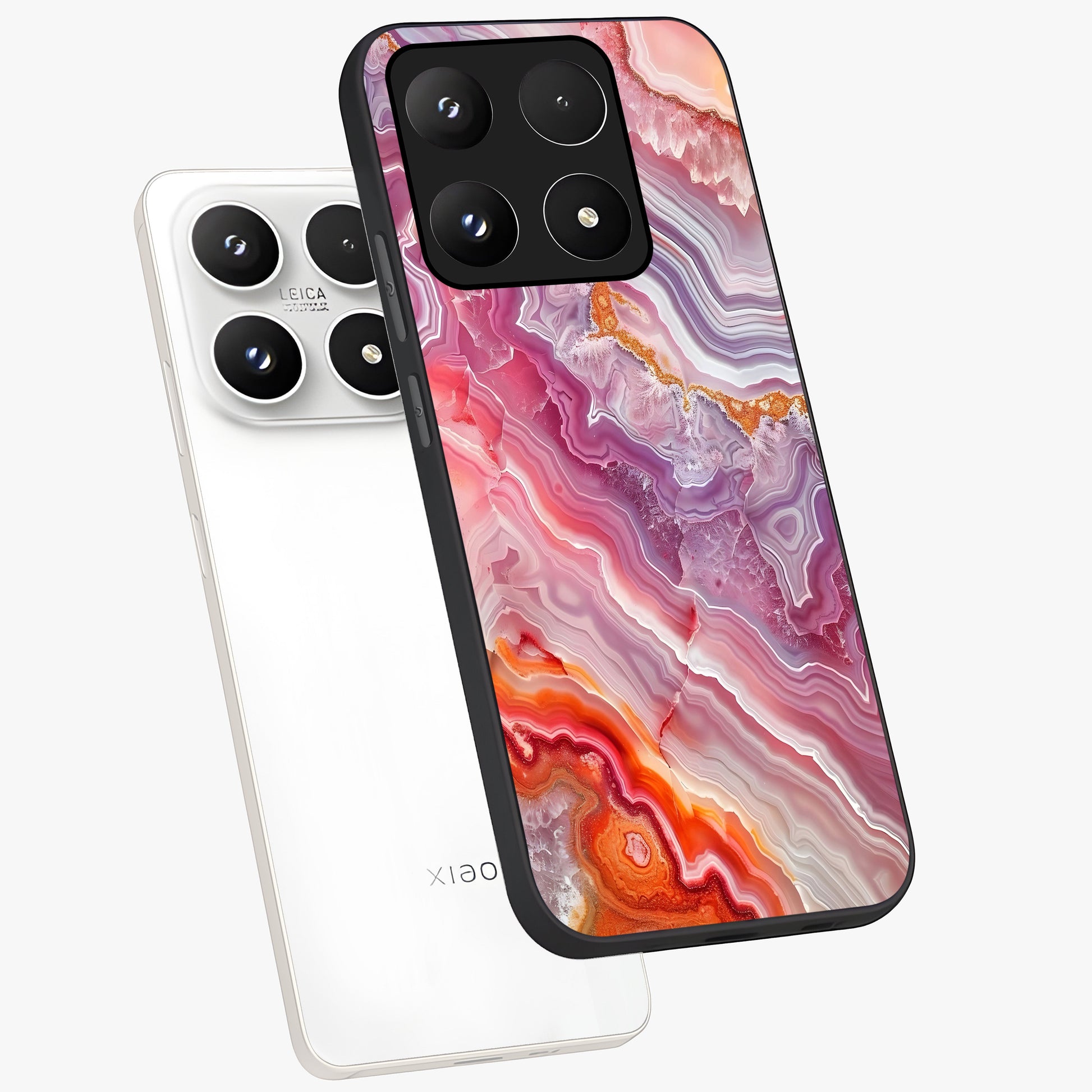 Rose Quartz Marble Glass Case displayed in angled mockup highlighting elegant marble pattern with soft aesthetic style.
