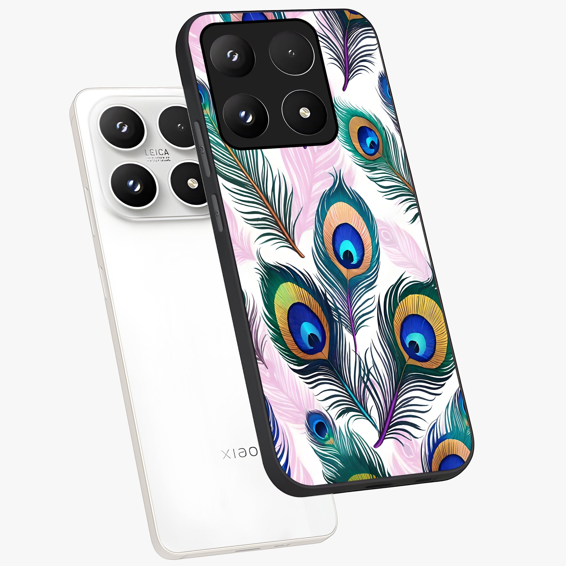 Royal Peacock Feathers Glass Case displayed in angled mockup highlighting vibrant feather pattern with regal aesthetic style.