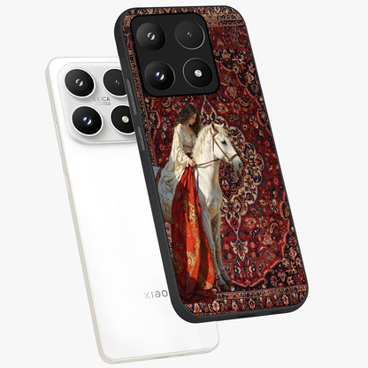 Royal Rider Tapestry Glass Case displayed in angled mockup highlighting traditional tapestry design with royal heritage aesthetic.