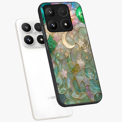 Stained Sunrise Glow Glass Case displayed in angled mockup highlighting radiant sunrise design with artistic aesthetic style.
