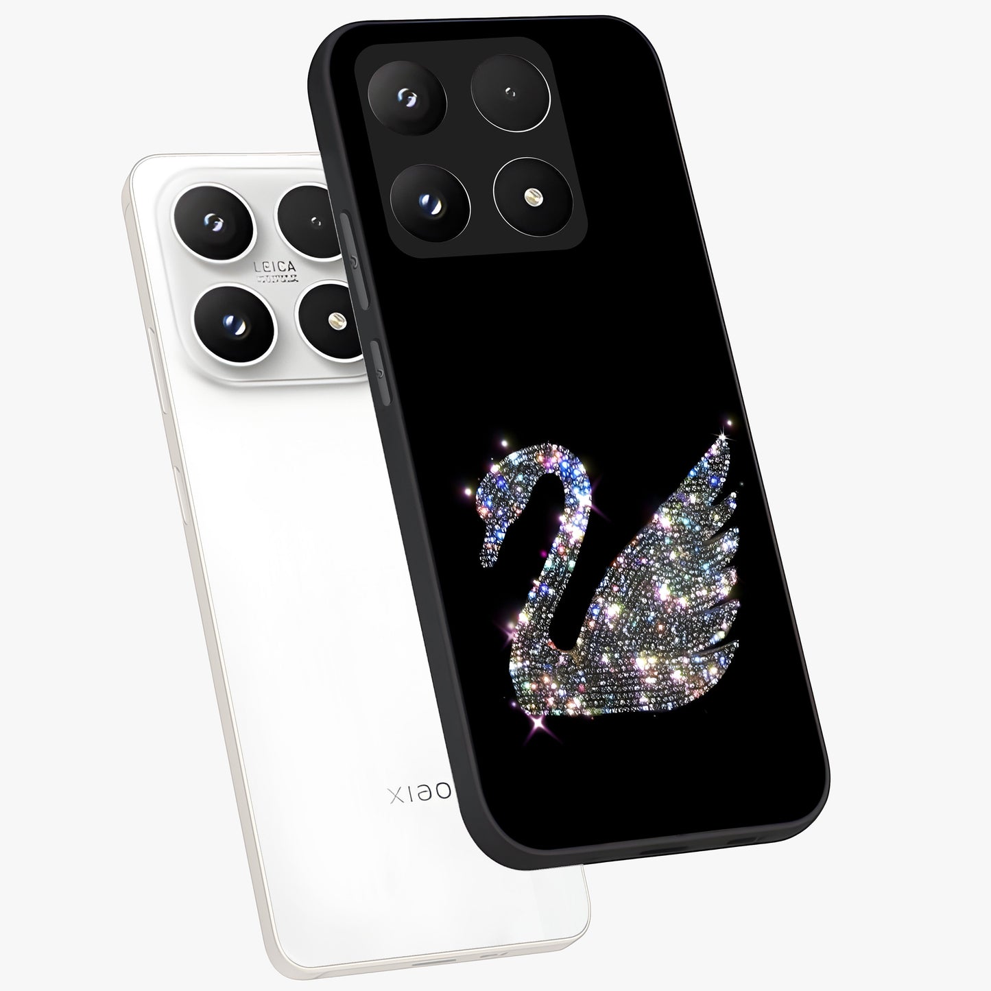 Starlit Swan Grace Glass Case displayed in angled mockup highlighting elegant swan illustration with dreamy celestial aesthetic.