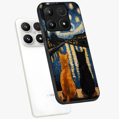 Starry River Cats Glass Case displayed in angled mockup highlighting charming feline illustration with dreamy night aesthetic.