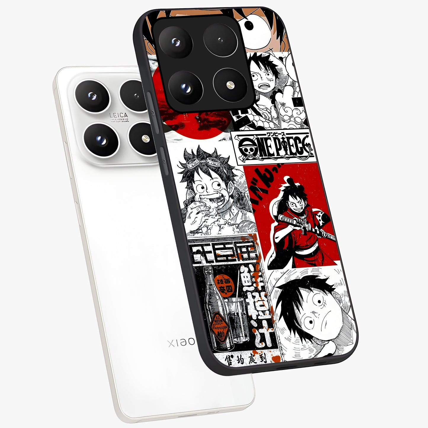 Strawhat Chaos Panels Glass Case displayed in angled mockup highlighting vibrant anime collage design with action aesthetic.