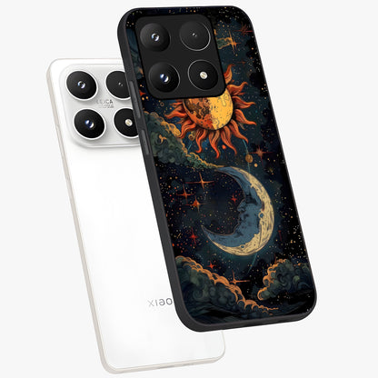 Sun And Moon Magic Design Glass Case displayed in angled mockup highlighting celestial design with magical cosmic aesthetic.
