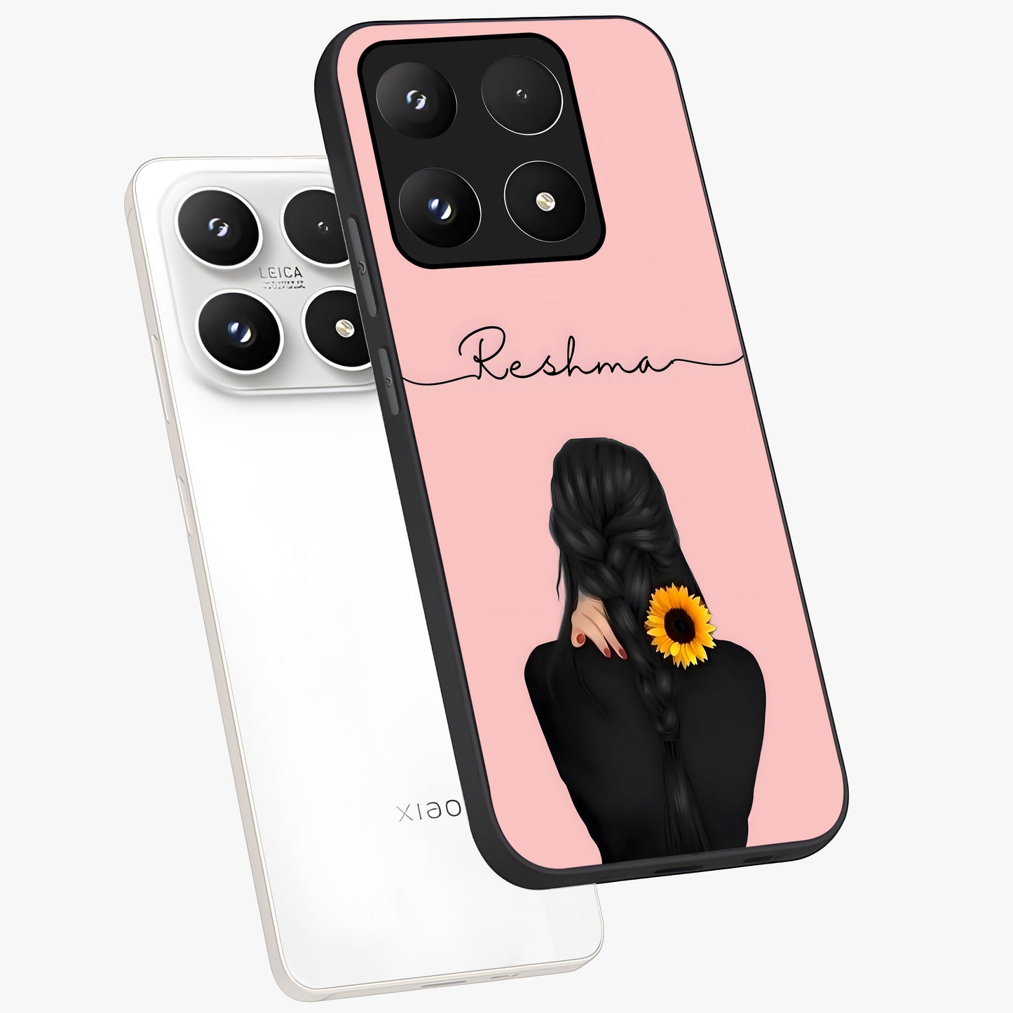 Sunflower Braid Beauty With Custom Name Glass Case displayed in angled mockup highlighting elegant sunflower design with custom name feature.